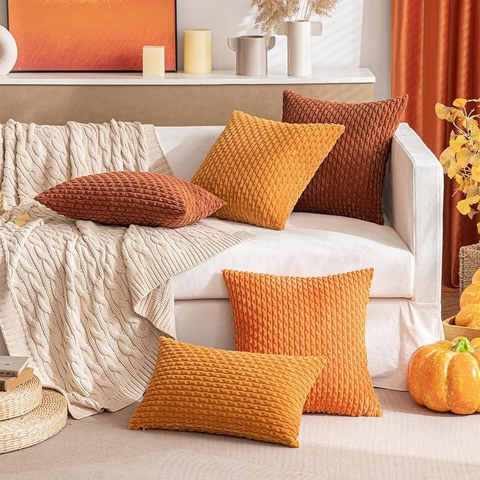 MIULEE Fall Rust Throw Pillow Covers Soft Corduroy Decorative Set of 2 Boho Striped Pillow Covers Pillowcases Farmhouse Home Decor for Couch Bed Sofa Living Room 16x16 Inch
