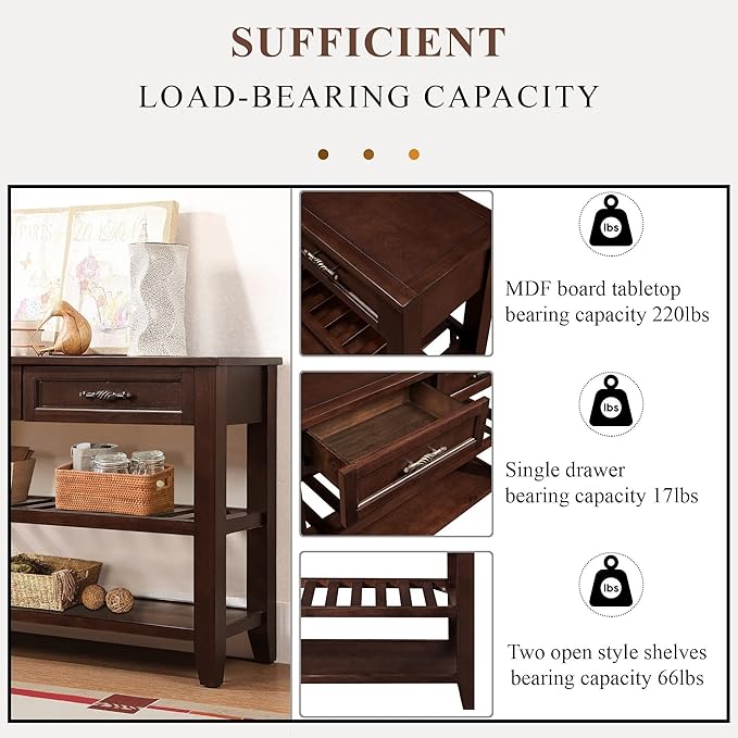 42inch Mid-Century Wood Console Table with 2 Drawers and 2 Bottom Shelf Sofa Table Solid Wood Sideboard(Espresso)