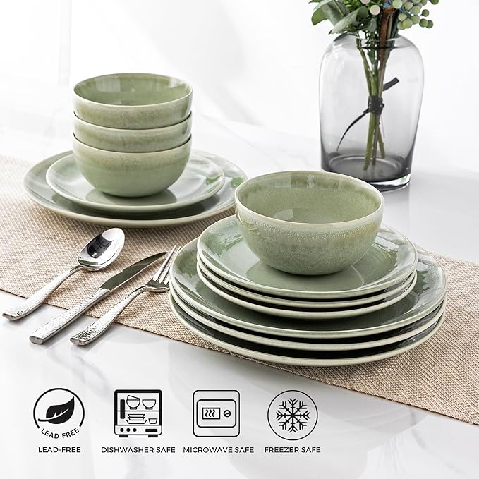 AmorArc Ceramic Dinnerware Sets for 6, 18 Pieces Handpainted Plates and Bowls Set, Scratch Resistant Stoneware Dishes Set, Dishwasher & Microwave Safe, Olive Green