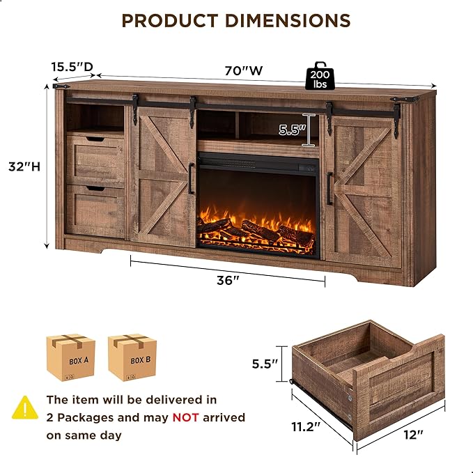 JXQTLINGMU Fireplace TV Stand for 80 Inch TV, Farmhouse Entertainment Center with 36" Fireplace, Modern Media Console with Sliding Barn Door & Storage Drawers for Living Room, Light Brown