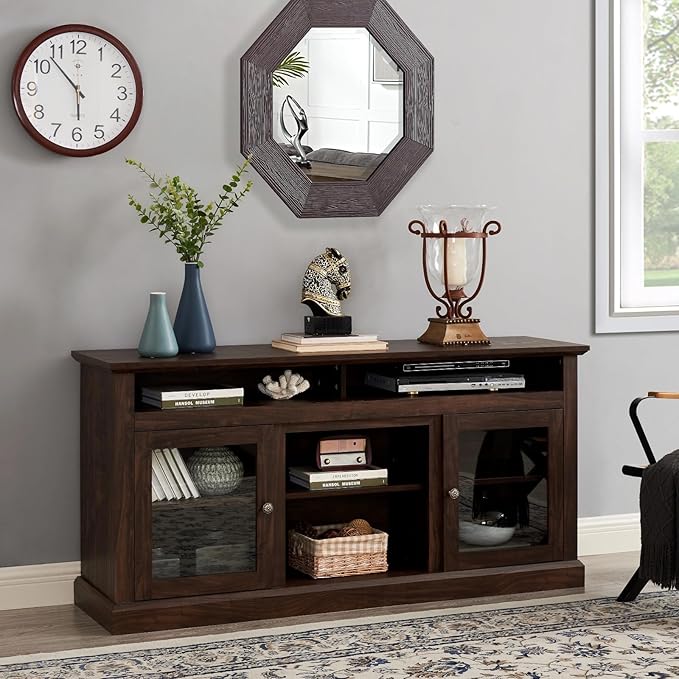 HMFULE 60" Farmhouse TV Stand for 60 65 Inch Television, Entertainment Center with 2 Storage Cabinets Glass Doors & Adjustable Shelves, 29" Tall Media Console Rustic Furniture for Living Room (Brown)