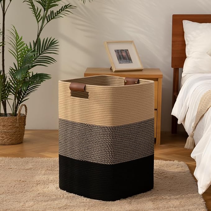 Laundry Hamper 96L Extra Large Laundry Basket, Woven Blanket Basket, Cotton Woven Storage Hamper with Handles for Living Room, Large Baskets for Pillows, Blankets, Clothes-Black & Yellow