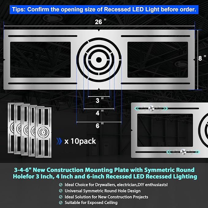 New Construction Mounting Plate, 3-4-6 Inch, LED Recessed Lighting Housing Kits for remodeling, Basement remodeling, Hanging Ceiling and LED Lighting, Shallow Recessed Lighting Housing Plate,10PC