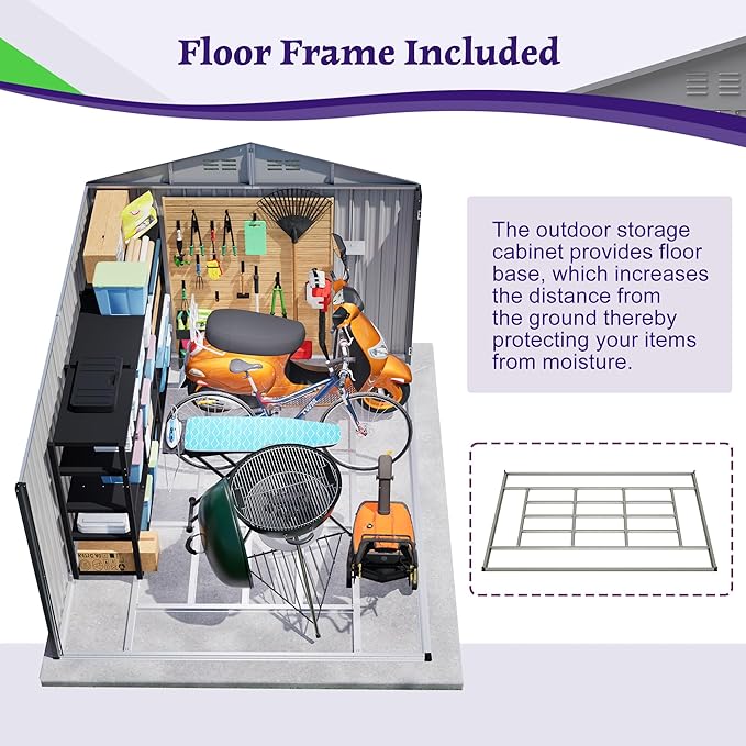 10 x 8 FT Outdoor Storage Shed with Floor, Metal Garden Tool Shed with Vents,Windows,Slooping Roof and Lockable Doors, All-Weather Bike Shed Easy to Assemble for Backyard, Patio, Lawn, Grey