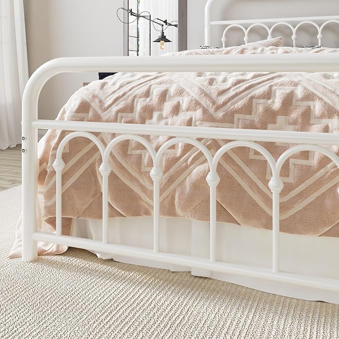 Allewie 14 Inches Twin Size Metal Platform Bed Frame with Victorian Style Curved Iron-Art Headboard/Footboard, Metal Slats Support, Easy Assembly, Under Bed Storage, No Box Spring Required, White