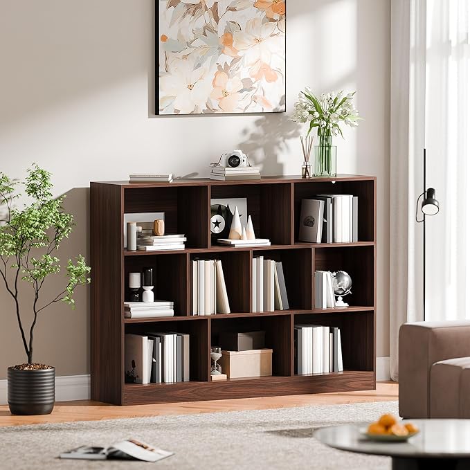 Cozy Castle Brown Bookshelf, 3-Tier Open Shelf Bookcase, 10 Cube Storage Organizer with Anti-Tilt Device, Freestanding Book Storage Shelves for Bedroom, Living Room