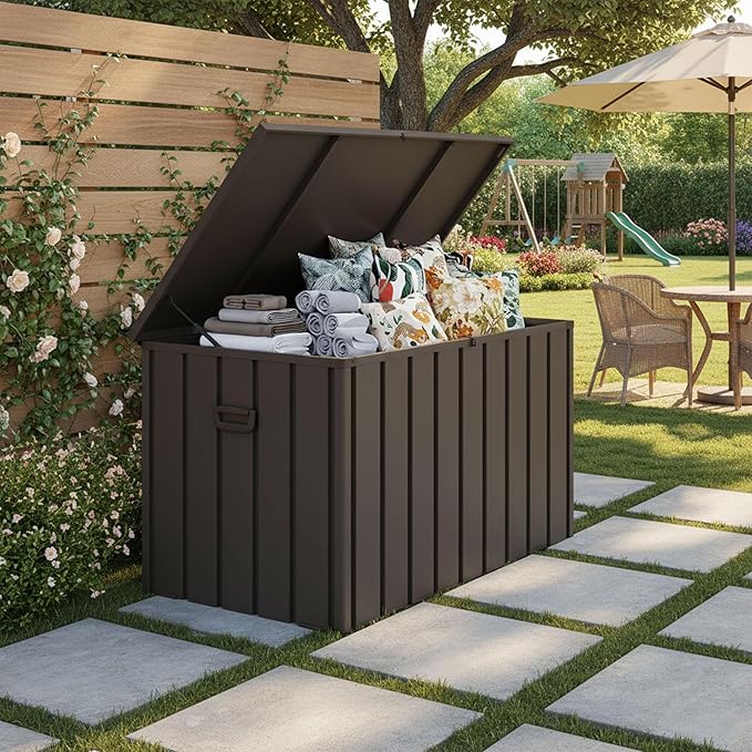 PURPLE LEAF Outdoor Deck Box 160 Gallon Waterproof Lockable Storage Box Container with Lid Deck Organization for Patio Cushions Side Table Pool Accessories Garden Tools, Brown