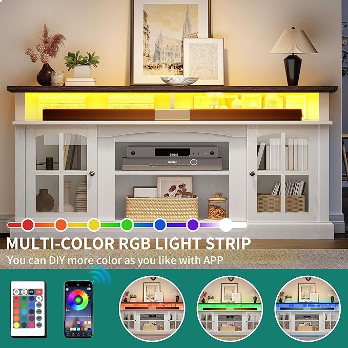 YITAHOME LED Farmhouse TV Stand for 75 Inch w/Outlets, Modern Entertainment Center with Glass Doors and Adjustable Storage Shelves, Media Console TV Cabinet for for Living Room, White/Black