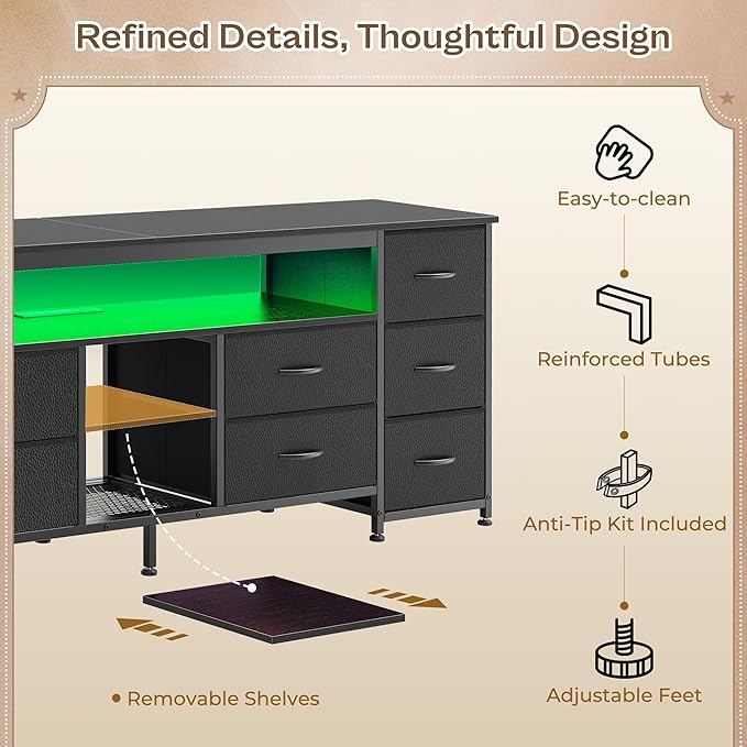 Huuger 63 Inch LED TV Stand Dresser with Power Outlets, USB-C Port and LED Lights, 10 Fabric Drawer Dresser for Bedroom, Long Entertainment Center for 65, 70 Inch TV, Open Shelves, PU Leather, Black