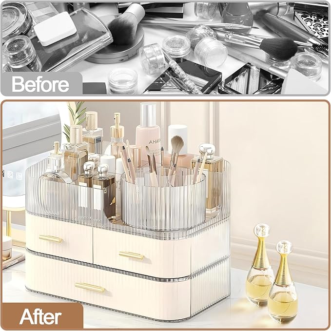 DASITON Makeup Organizer with Drawers and Rotating Makeup Brush Holder,Large Capacity Stackable Cosmetic Organizer Countertop,Bathroom Organizers and Storage,Make up Organizers for Vanity (Cream 03)