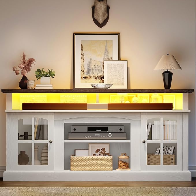 YITAHOME LED Farmhouse TV Stand for 75 Inch w/Outlets, Modern Entertainment Center with Glass Doors and Adjustable Storage Shelves, Media Console TV Cabinet for for Living Room, White/Black