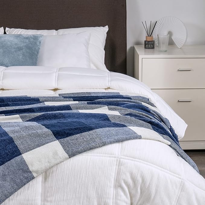 RECYCO Buffalo Paid Chenille Throw Blanket for Couch, Soft Cozy Decorative Buffalo Check Blanket Throw with Tassels for Bed Sofa, Lightweight Chenille Knitted Throw, Plaid Navy Off White, 50'' x 60''