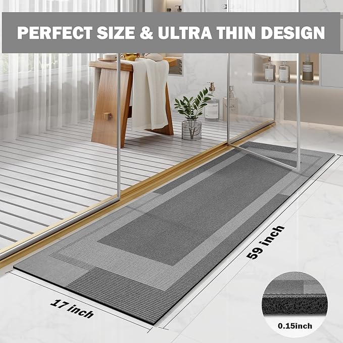 Non Slip Long Bathroom Runner Rug Bath Mat, Rubber Backing Ultra Thin Bathroom Rugs Fit Under Door Quick Dry Super Absorbent Washable Shower Mat for Bathtub Sink Floor, Dark Grey 17"x59"