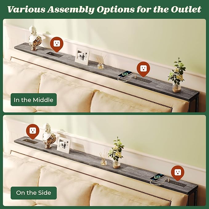 SUPERJARE 78.8 Inch Narrow Console Table with Outlet, Sofa Table Set of 2, Behind Couch Table, Long Entryway Tables with Charging Station, for Living Room, Charcoal Gray