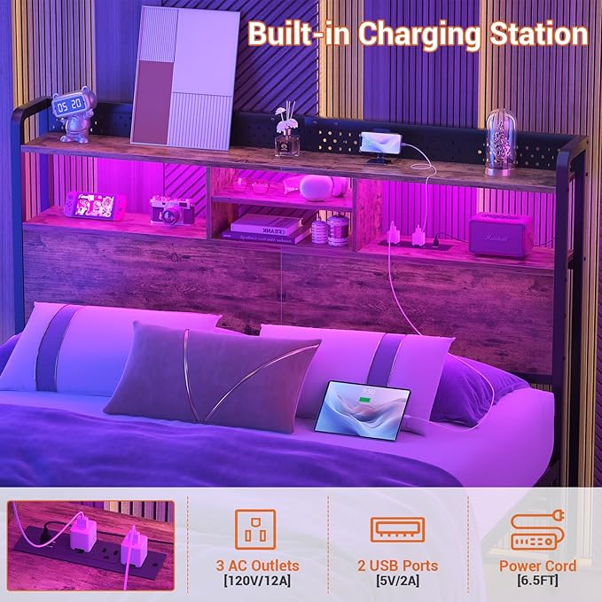 Unikito Headboard for Queen Size Bed with Storage Shelf, Head Board with 3 Outlets and 2 USB Ports, Headboards with RGB LED Light, Height Adjustable, Sturdy and Stable, Easy Assembly, Rustic Brown