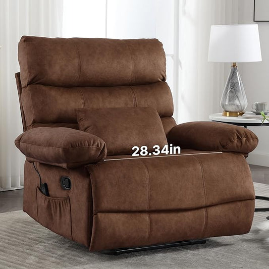 Oversized Power Recliner Chair 350lb with Hidable Cup Holders, Extra Wide Large Big Electric Recliner Chair with Lumbar Support Pillow Nursery Chair Living Room (Manual, BROWN-6002-1)