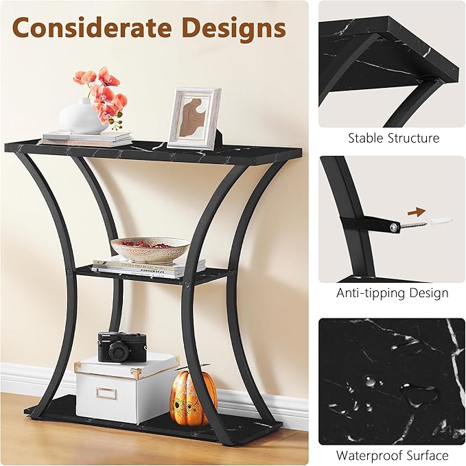 Hoctieon 3 Tier Console Table with Open Wood Shelves, Decorative Entryway Table with Curved Metal Frames, Narrow Sofa Table for Entrance, Living Room, Hallway, Black Marbled