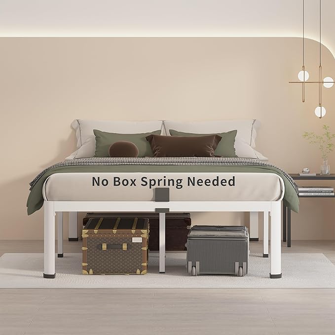 MAF 14 Inch Full Size Metal Platform Bed Frame White with Round Corner Legs, 3000 LBS Heavy Duty Steel Slats Support, Noise Free, No Box Spring Needed, Easy Assembly