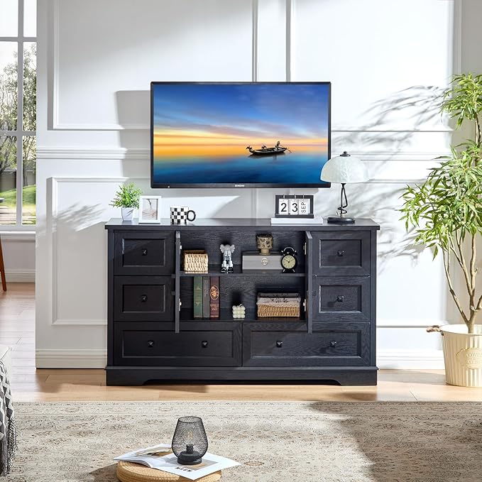 SOOWERY Dresser for Bedroom, Farmhouse Dresser with 6 Wooden Drawers and Storage Cabinet, 55 Inches Tall Chest of Drawers for Bedroom, Living Room, Hallway, Black