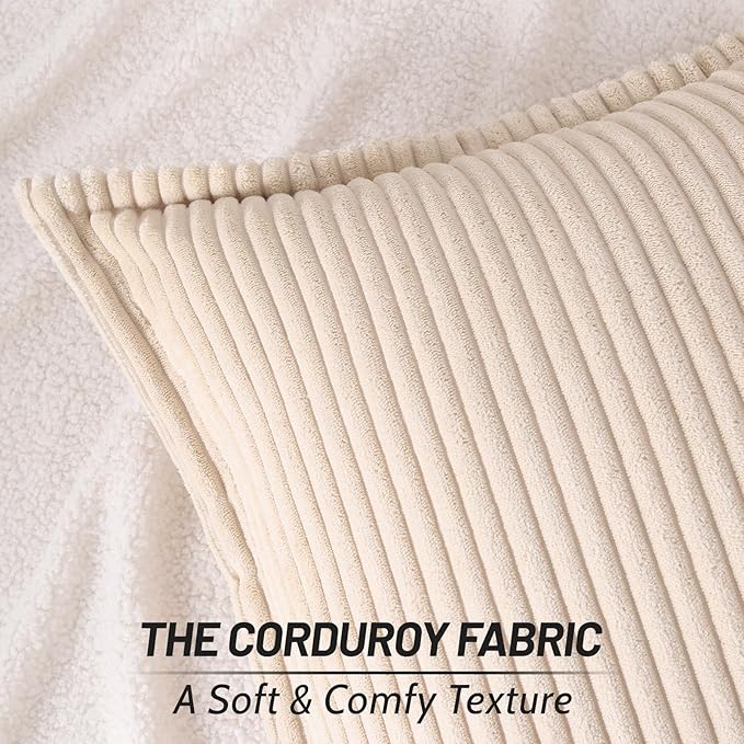 Mecatny Corduroy Throw Pillow Covers 16x16 Set of 2, Neutral Decorative Soft Boho Couch Pillow Covers with Broadside for Sofa Living Room, Beige