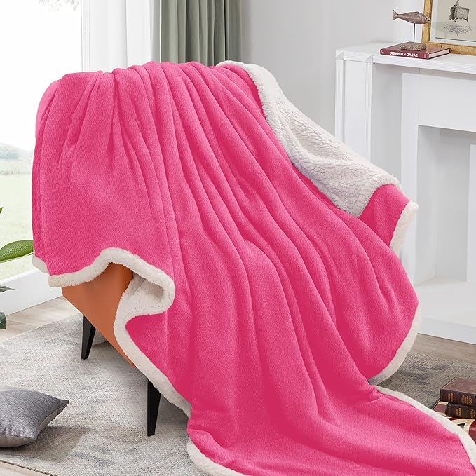 BEAUTEX Sherpa Fleece Throw Blankets, Soft Fluffy Flannel Plush Blanket and Throw, Fuzzy Cozy Pink Cuddle Blankets for Couch Bed Sofa Adults (50" x 60", Pink)