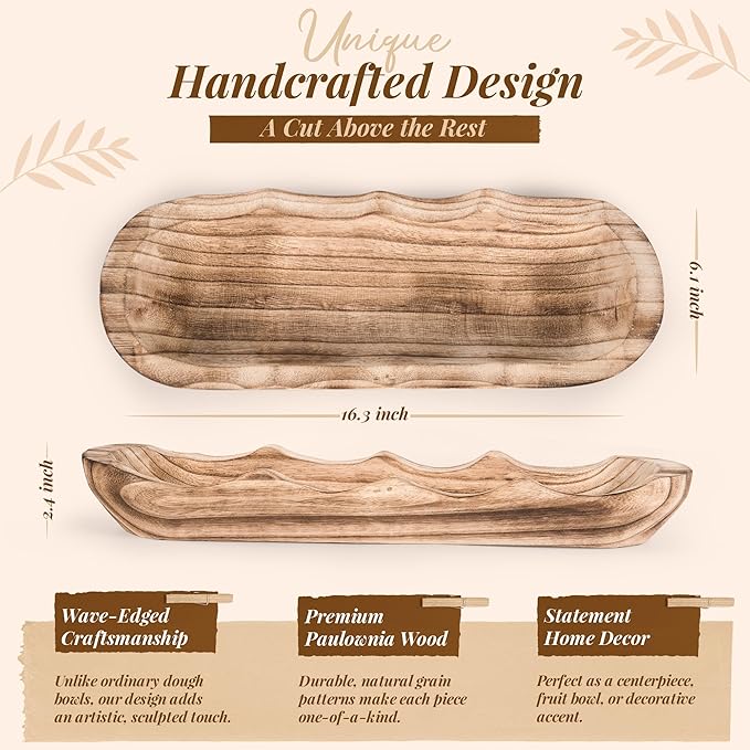 Wavy Edge Wooden Dough Bowl for Decor 16" L Lightweight Paulownia Wood Hand Carved Decorative Wooden Farmhouse Fruit Bowl Handmade, Home Decoration Centerpiece, Table Display Bowl