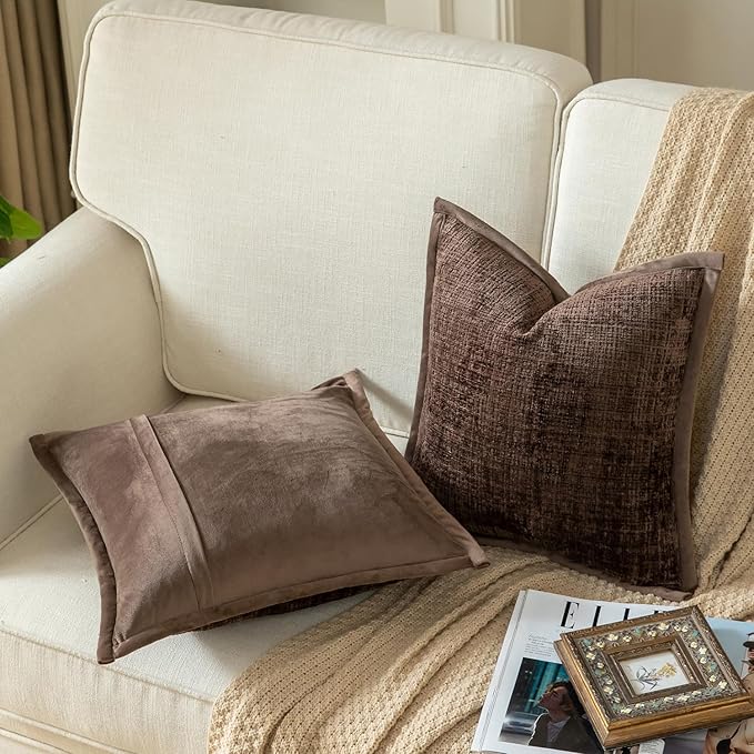Yaertun Pack of 2 Chenille Textured Decorative Throw Pillow Covers Accent Solid Cushion Cover Soft Cozy Pillow Case with Velvet Back for Couch Sofa Bed Living Room 12x20 Inch Coffee