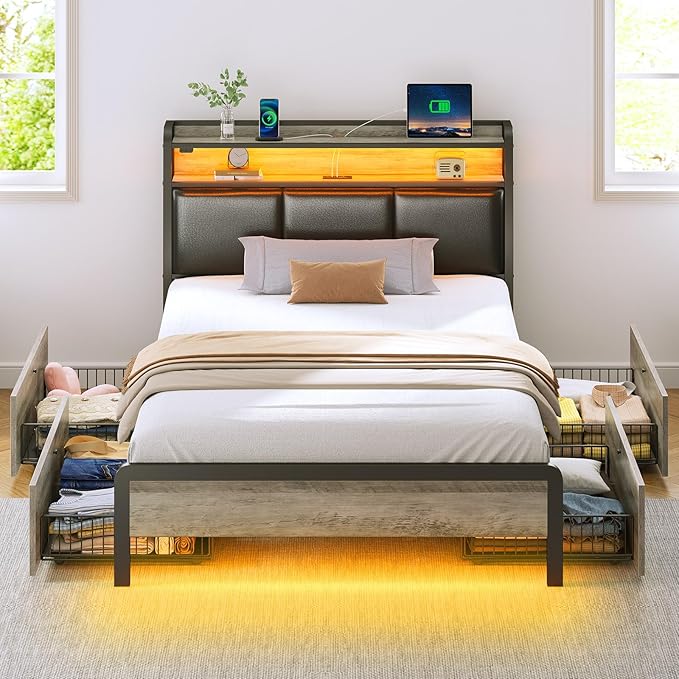 Rolanstar Bed Frame Twin Size with Charging Station and LED Lights, Upholstered Storage Headboard with Drawers, Heavy Duty Metal Slats, No Box Spring Needed, Easy Assembly, Vintage Grey and Black