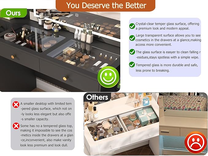 62" Large Black Vanitys Desk w/ Tempered Glass Top,60000-color LED Lights,Power Outlet, Make up Vanity w/ 3 Lights Mode LED Mirror,9 Drawers,2 RGB Cabinet LED Vanity Table for Women,Girls