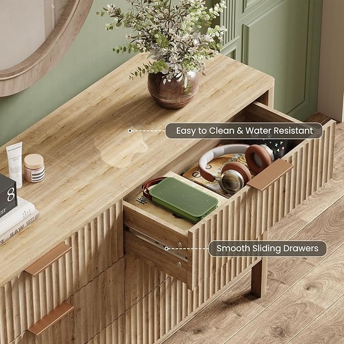 55" Wide Fluted 6 Drawer Dresser for Bedroom, Wooden Dresser Modern Chest of Drawers TV Stand Dressers with Organizer Storage for Bedroom, Living Room, Entryway, Oak