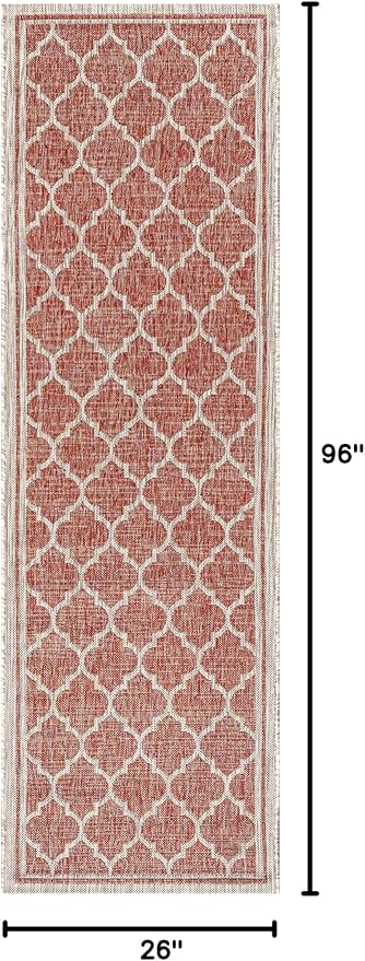 Eyely BMS109C-28 Santa Monica Trebol Moroccan Trellis Textured Weave Indoor/Outdoor Runner Rug Coastal;Bohemian, Bedroom, Backyard, Patio, Easy-Cleaning, Non-Shedding, 2 X 8, Red/Beige