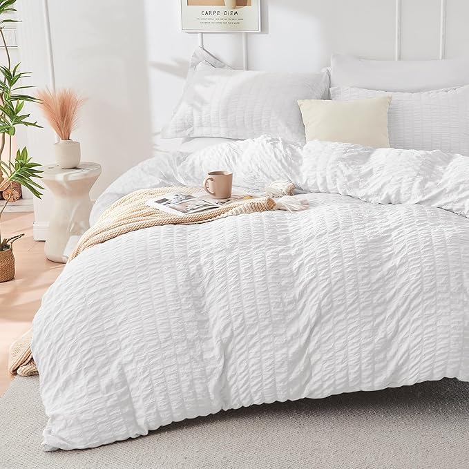 HYMOKEGE White Full Size Comforter Sets Seersucker 7 Pieces, All Season Luxury Bed in a Bag for Bedroom, Bedding Set with Comforters, Sheets, Pillowcases & Shams