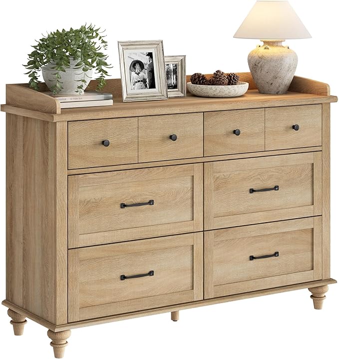 WAMPAT Farmhouse 6 Drawers Dresser for Bedroom, Wooden Chest of Drawers Kids Dresser with Solid Wood Legs, Rustic Storage Dressers Organizer for Living Room & Kids Room, Oak, 47 Inch
