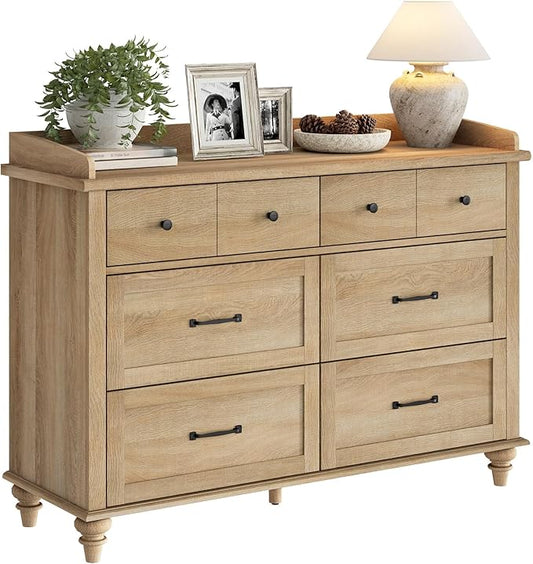 WAMPAT Farmhouse 6 Drawers Dresser for Bedroom, Wooden Chest of Drawers Kids Dresser with Solid Wood Legs, Rustic Storage Dressers Organizer for Living Room & Kids Room, Oak, 47 Inch