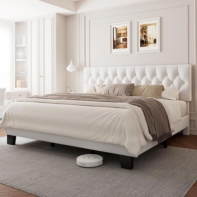 King Upholstered Bed Frame with Headboard, Button Tufted Linen Bed Base, Platform Bed with Wood Slat, Heavy Duty, Easy Assembly, No Box Spring Needed, White