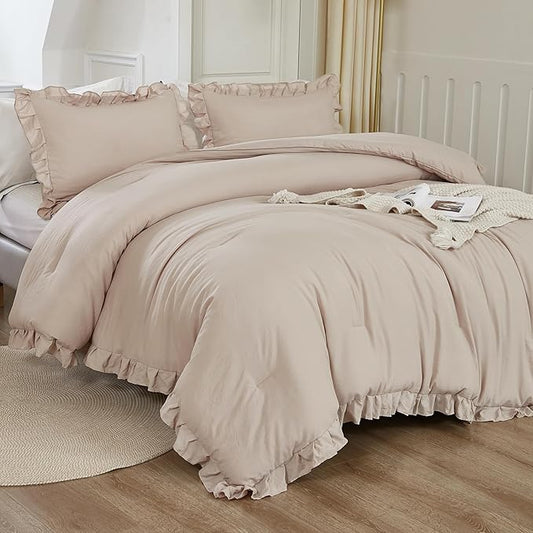 Litanika Full Comforter Set Beige, 3 Pieces Khaki Ruffle Farmhouse Aesthetic Bedding Comforter Set, Lightweight Fluffy Microfiber Bed Set (79x90In Comforter, 2 Pillowcases)