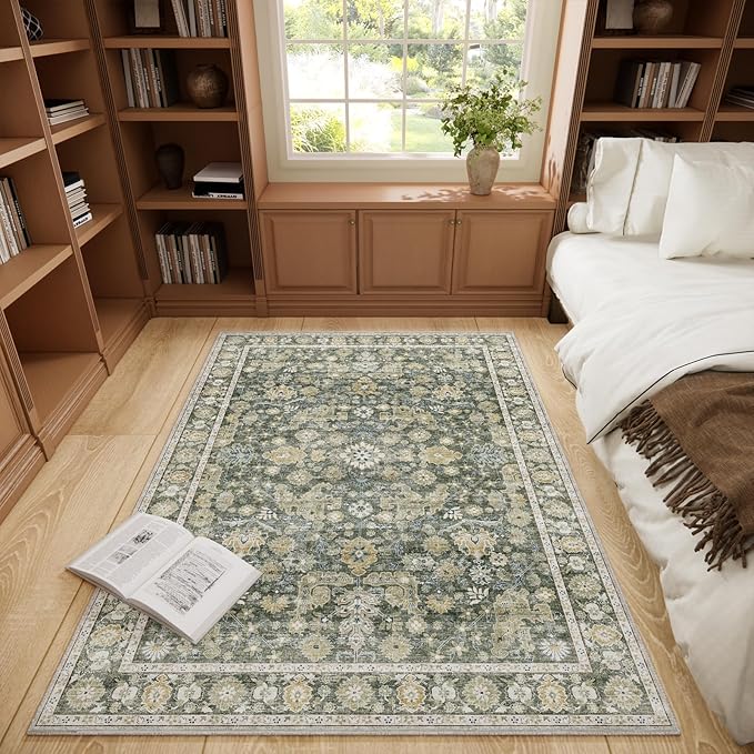Washable Area Rugs 5'x7' Non-Slip Vintage Boho Distressed Fade Resistant Low Pile Carpet for High-Traffic Living Room, Bedroom & Dining Room