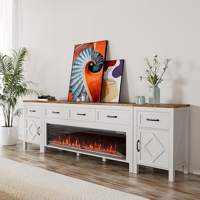 Modern TV Stand with Fireplace for TVs Up to 95 Inch,Entertainment Center with 50" Electric Fireplace,88" TV Console with Storage Cabinet Drawers for Living Room(Off White)