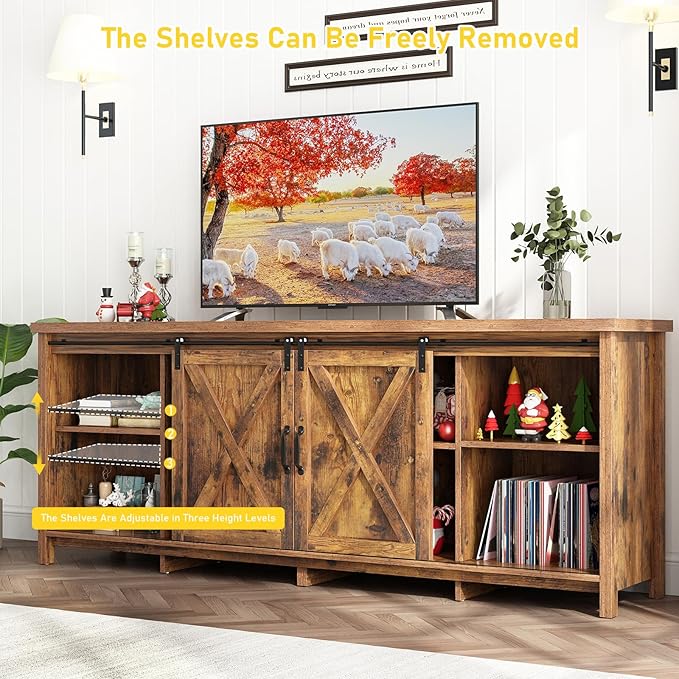 70" Farmhouse TV Stands for 70 75 80inch TV w/Adjustable Shelves,Sliding Barn Door.Wooden Entertainment Center,TV Console Cabinet with Storage for Bedroom Living Room(Brown 70in)