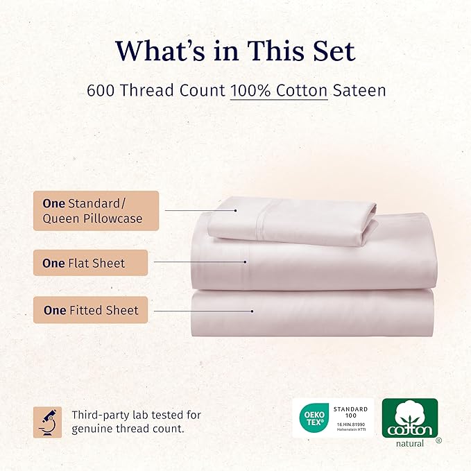 California Design Den 5-Star Hotel-Quality Twin Bed Sheets Cotton, 100% Cotton Sheet Set - 600 Thread Count Sateen with Deep Pockets (Blush Pink)