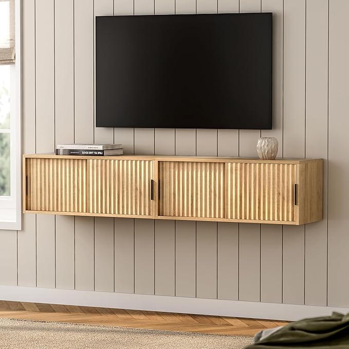 Fluted Floating TV Stand Set of 2, 30" Multi-Purpose Modern TV Display Shelf Console Entertainment Center Cabinet with Sliding Doors for Bedroom Living Room Entryway, Natural Oak