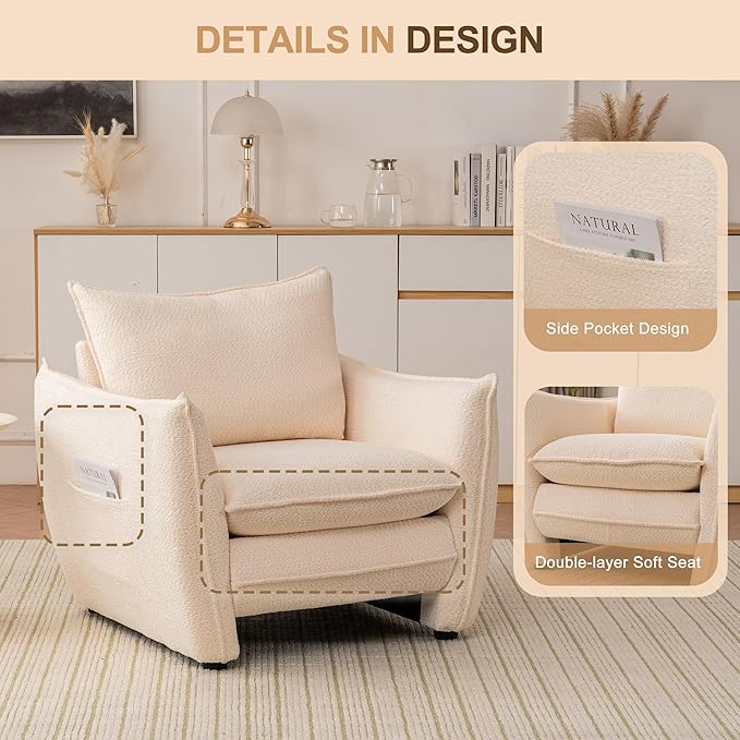 Oversized Accent Chair, Modern Single Sofa Cloud Chairs with Removable Pillow, Deep Seat Comfy Armchair for Living Room Bedroom Reading Nook - Upholstered Lounge Chair (Beige, Set of 2)