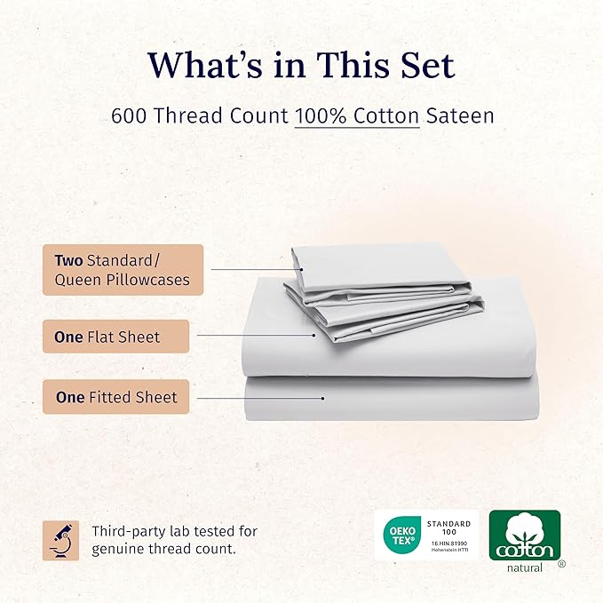 California Design Den Full Bed Sheets Set - Luxury 600 Thread Count Sateen, Natural 100% Cotton Bedsheets, Fully Elasticized Deep Pockets, Crisp, Cool and Durable Hotel Quality Bedding - Light Silver