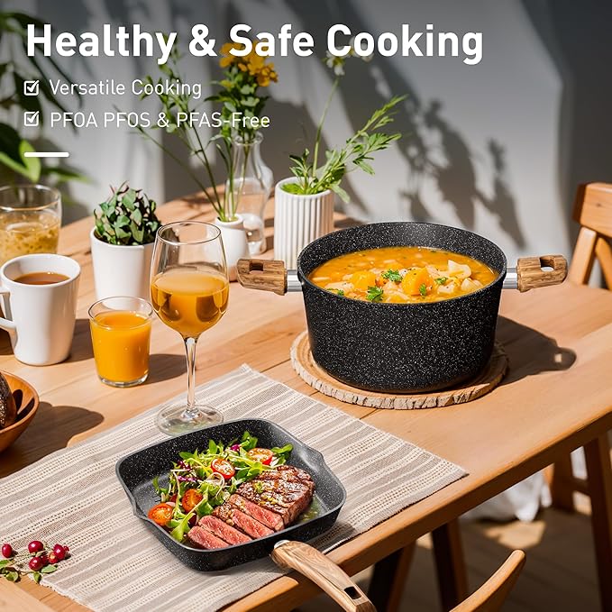 30 Piece Pots and Pans Set Non Stick, Granite Induction Cookware Sets, Nonstick Kitchen Cookware Sets, Non Toxic Cookware Set with Frying Pans and Saucepan, Kitchen Pots and Pans Set, Black