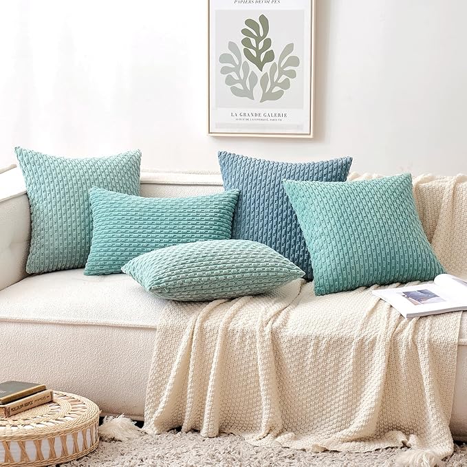 MIULEE Throw Pillow Covers Soft Corduroy Decorative Set of 2 Boho Striped Pillow Covers Pillowcases Farmhouse Home Decor for Couch Bed Sofa Living Room 18x18 Inch Turquoise