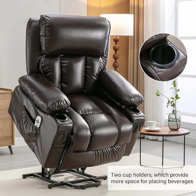 FLEXISPOT XL23 Power Lift Recliner Chair with Massage & Heat for Elderly - Large Electric Lift Chair with USB Port, Cup Holders, Side Pockets - Living Room Bedroom Single Sofa(Large Size,Brown)