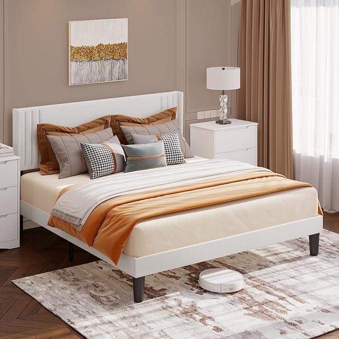 Gizoon Queen Bed Frame with Wingback Headboard, Upholstered Platform Bed with Modern Geometric Headboard, Wooden Slats, Noise-Free, No Box Spring Needed