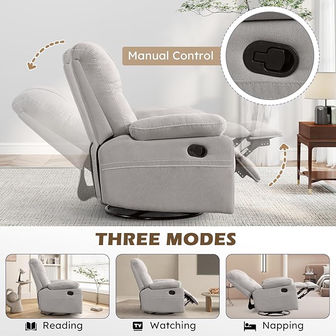 ANJ Oversized Swivel Rocker Recliner Chair for Adults, Manual Rocking Recliner Glider Recliner Nursery Chair Clearance with Decorative Stitching Soft Fabric Thick Cushion for Living Room Bedroom