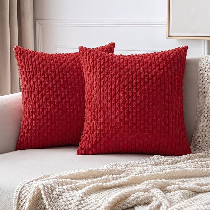 MIULEE Christmas Red Throw Pillow Covers Soft Corduroy Decorative Set of 2 Boho Striped Pillow Covers Pillowcases Farmhouse Home Decor for Couch Bed Sofa Living Room 18x18 Inch