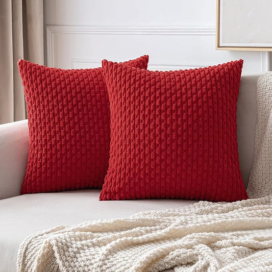 MIULEE Christmas Red Throw Pillow Covers Soft Corduroy Decorative Set of 2 Boho Striped Pillow Covers Pillowcases Farmhouse Home Decor for Couch Bed Sofa Living Room 20x20 Inch